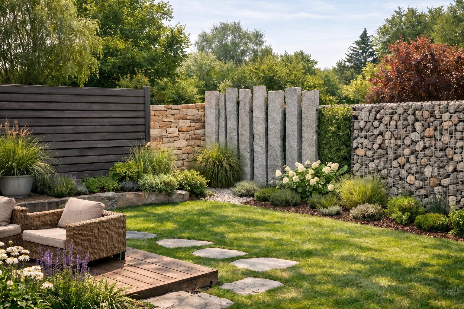 Garten mit drei Sichtschutzarten nebeneinander: dunkler Holzlamellenzaun, eine Wand aus aufrechten Steinstelen und eine Gabionenwand