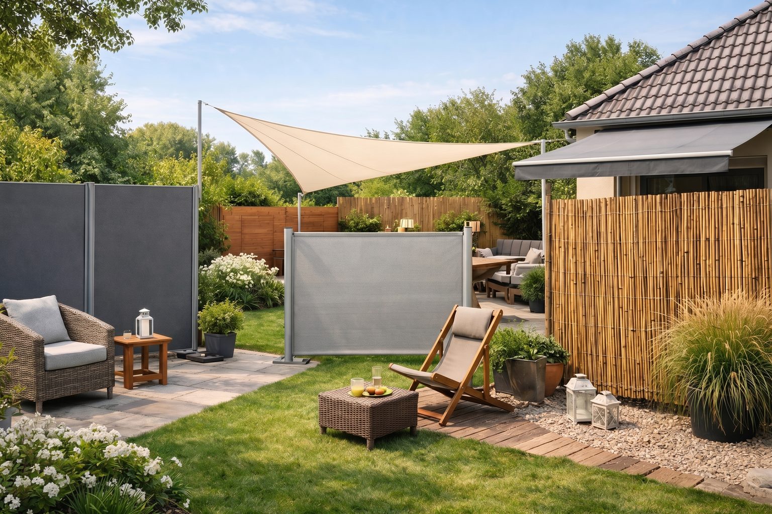 Vier mobile Lösungen in einem Garten: graue Stellwand, ausziehbare Seitenmarkise, dreieckiges Sonnensegel und eine Schilfmatte